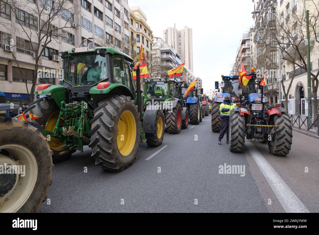 I manifestanti arrivano sui trattori di fronte alla Puerta de Alcalá durante una protesta degli agricoltori per denunciare la politica agricola europea a Madrid, in Fe Foto Stock
