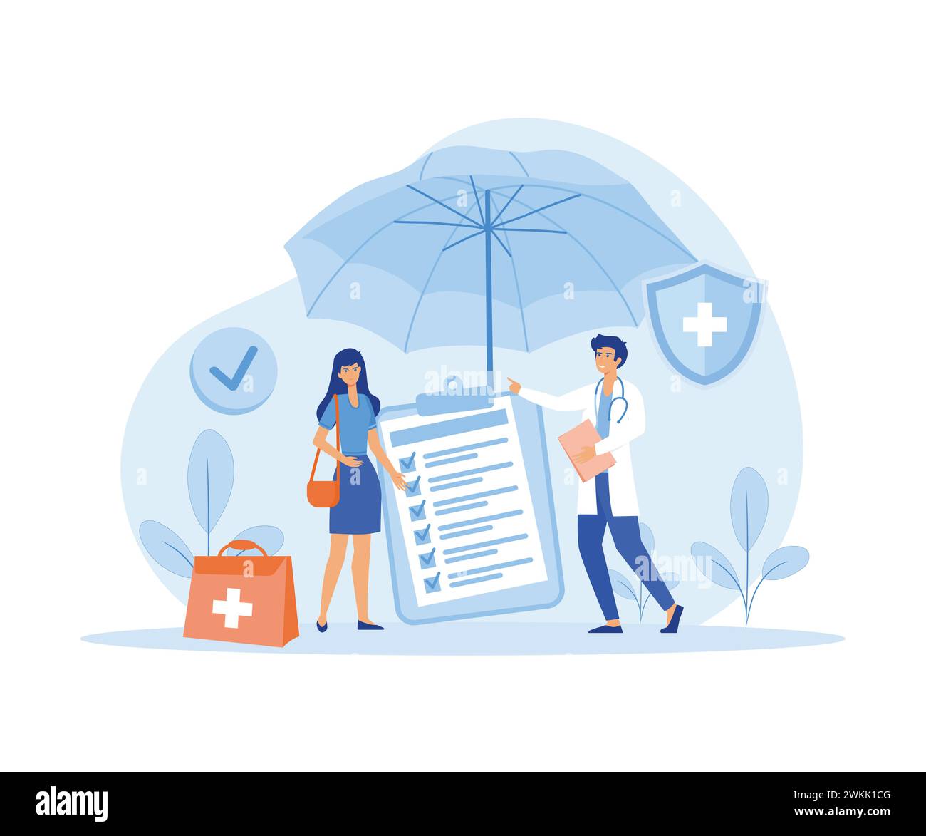 Concetto di assicurazione sanitaria. Grandi appunti con un documento sotto l'ombrello. Sanità, finanza e servizi medici. illustrati moderni vettoriali piatti Illustrazione Vettoriale