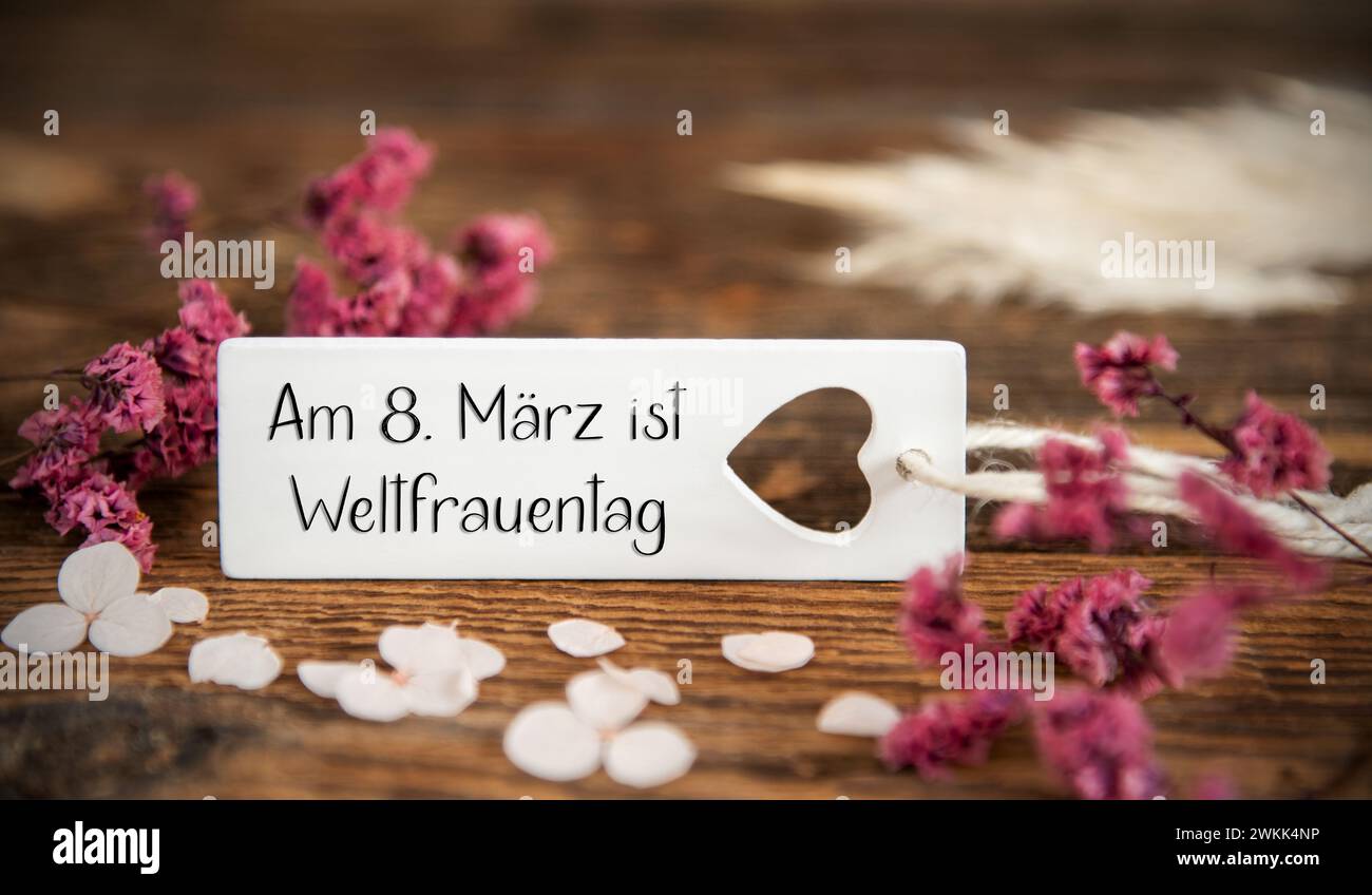 Sfondo naturale con fiori viola ed etichetta con la parola tedesca AM 8. Maerz ist Weltfrauentag, whisch significa giornata internazionale delle donne in inglese, Foto Stock