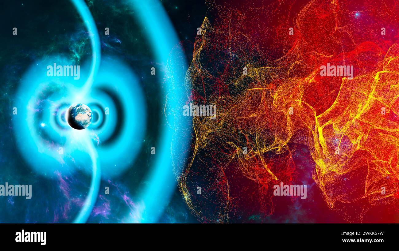 Tempesta solare e solare, campo magnetico terrestre, Terra e vento solare, flusso di particelle. Temperature in aumento. Riscaldamento globale. Buco di ozono. 3d rendering Foto Stock