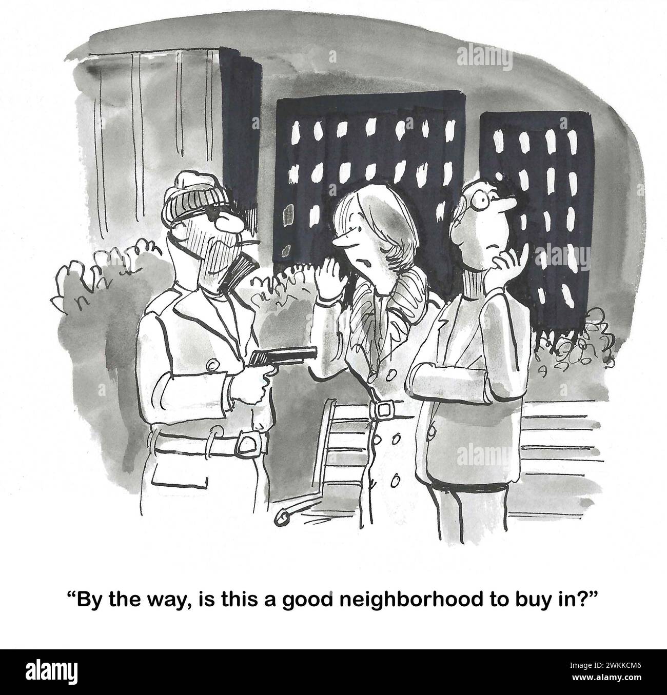 Il cartone animato BW di una coppia rapinata con la pistola. La donna chiede al rapinatore se questo è un "buon quartiere da comprare". Foto Stock