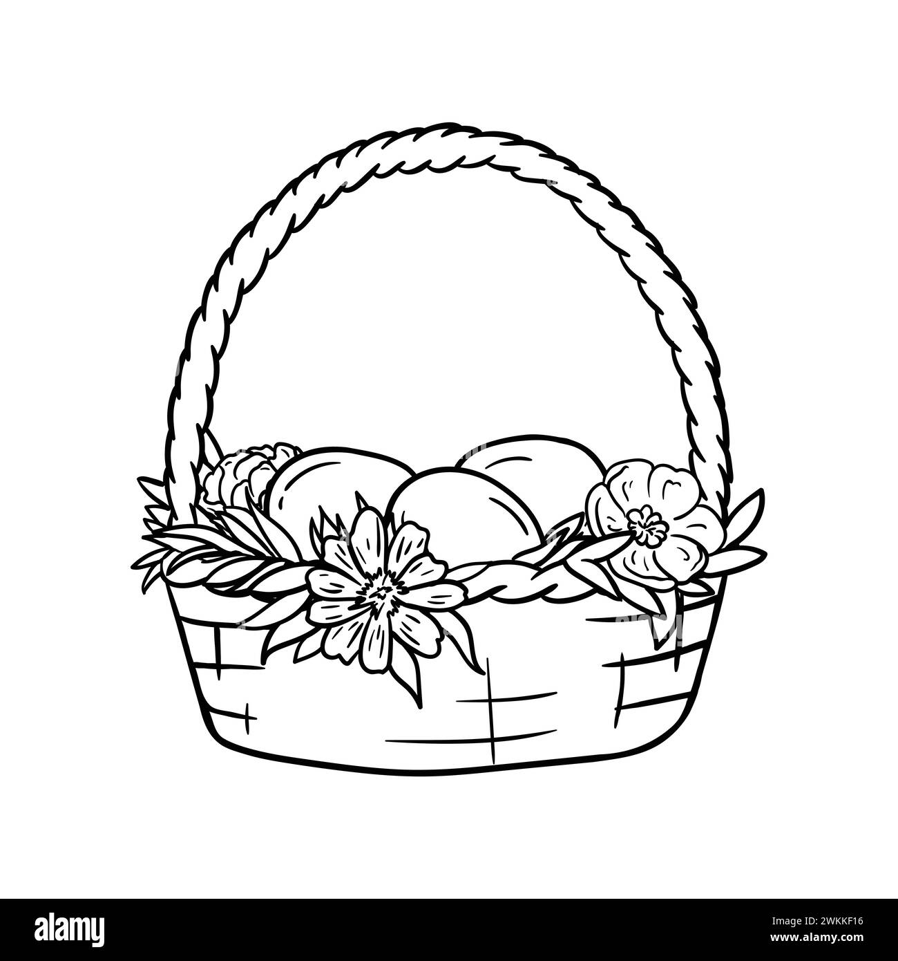 Pagina da colorare con cestino di Pasqua, fiori e uova. Illustrazione vettoriale in bianco e nero. Biglietto d'auguri. Illustrazione Vettoriale