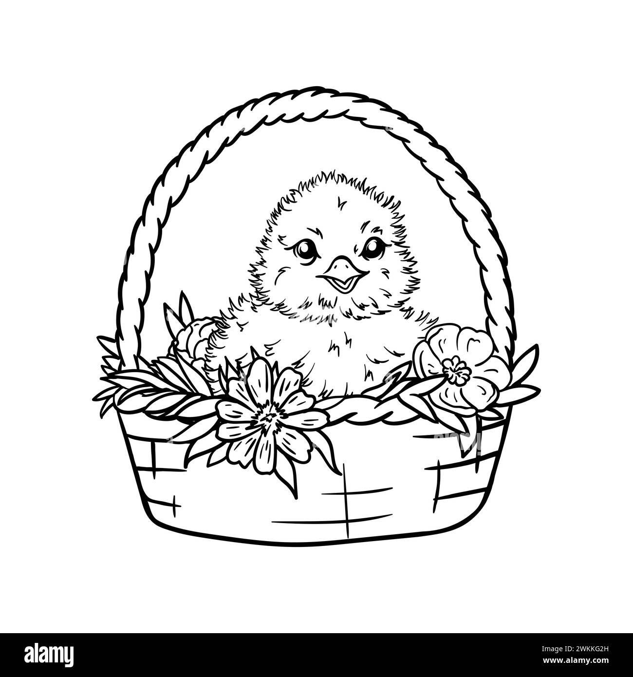 Libro da colorare con cestino di Pasqua, pollo e fiori. Illustrazione in bianco e nero Illustrazione Vettoriale