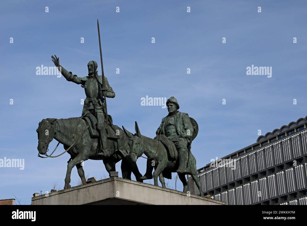 Statua equestre di Don Chisciotte e Sancho Panza a Bruxelles Foto Stock