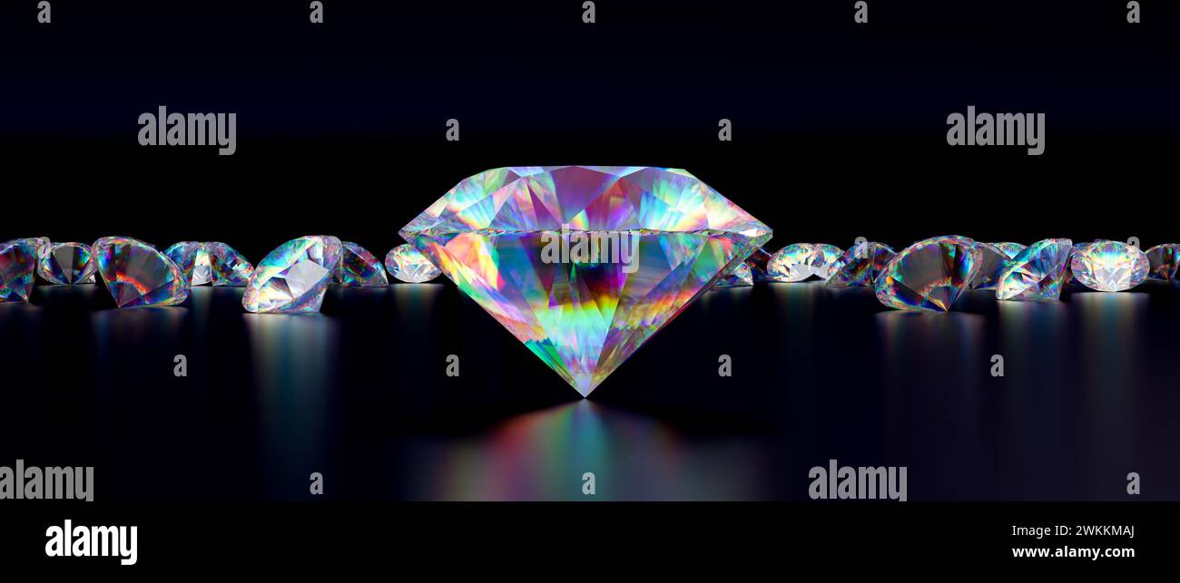 Il diamante brillante si distingue tra le gemme su uno sfondo scuro con rendering 3d dei riflessi Foto Stock