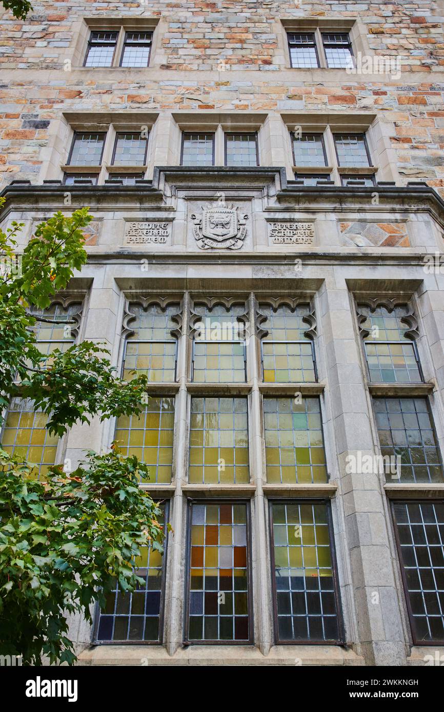 Architettura gotica presso l'Università del Michigan, vista a basso angolo Foto Stock