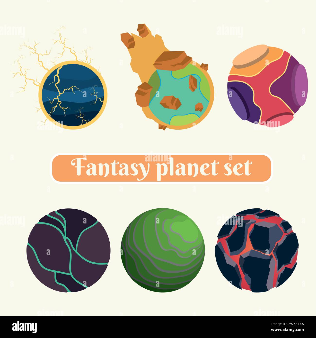 Set di icone colorate del pianeta fantasy fantasy Vector Illustrazione Vettoriale