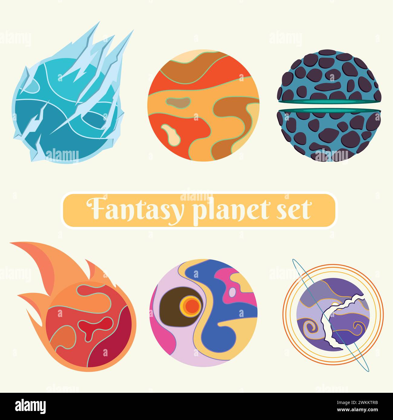 Set di icone colorate del pianeta fantasy fantasy Vector Illustrazione Vettoriale