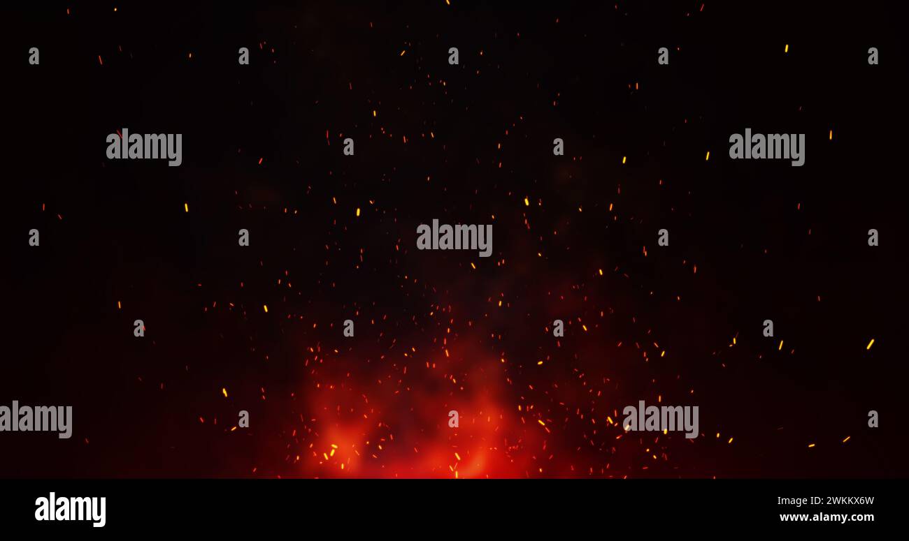 Scintille arancioni di fuoco astratto che volano verso l'alto. Il bagliore rosso e il fumo bluastro del fuoco. Rendering 3D. Foto Stock