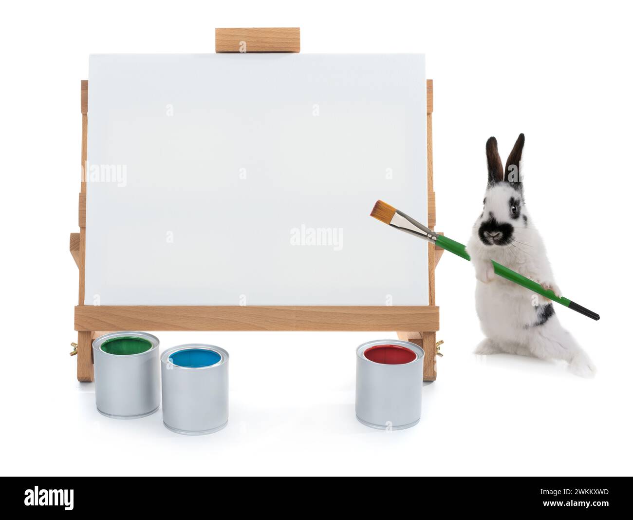 i coniglietti si trovano sul cavalletto con nappine isolate su sfondo bianco. per aver scritto il tuo testo Foto Stock