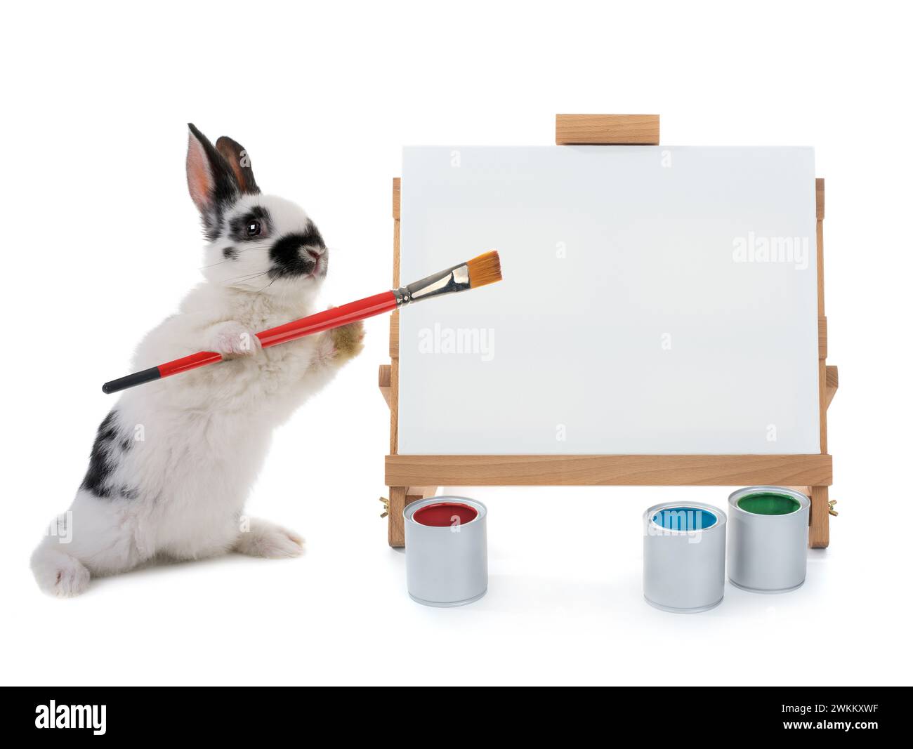 bunny si trova sul cavalletto con le nappine isolate su sfondo bianco. per aver scritto il tuo testo Foto Stock