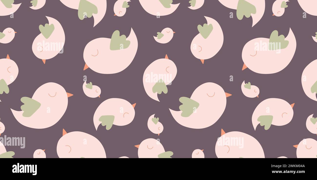 Simpatico motivo senza cuciture con piccoli uccelli. Spring Vector Flat Cartoon sfondo in colori pastello. Modello senza fine per sfondo, stampa, pagina Web, su Illustrazione Vettoriale