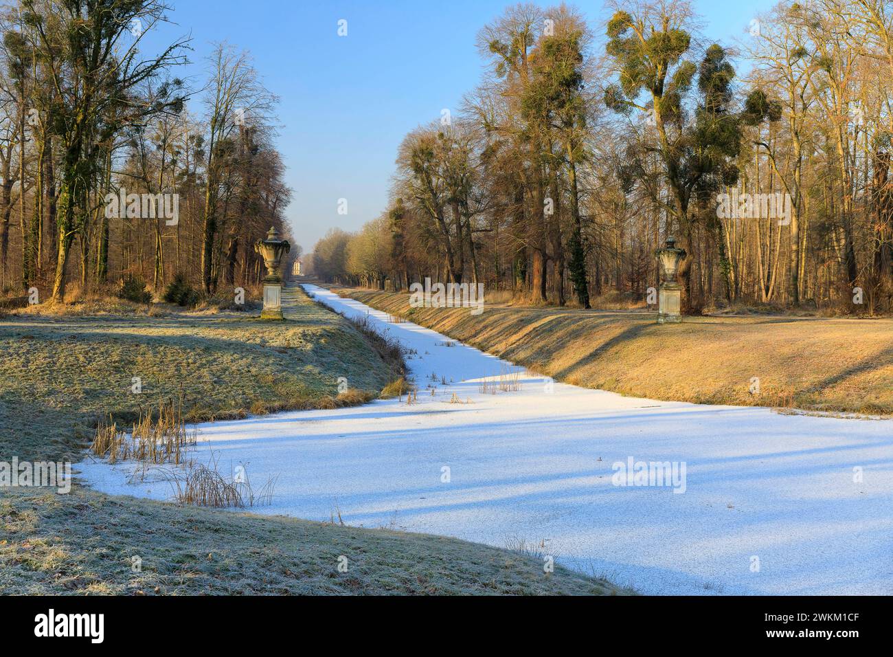 Inverno: Kanal mit Sichtachse vom Fasanenschlößchen zum Jagdschloss Moritzburg, Sachsen, Deutschland *** Inverno sul canale con visuale da Foto Stock