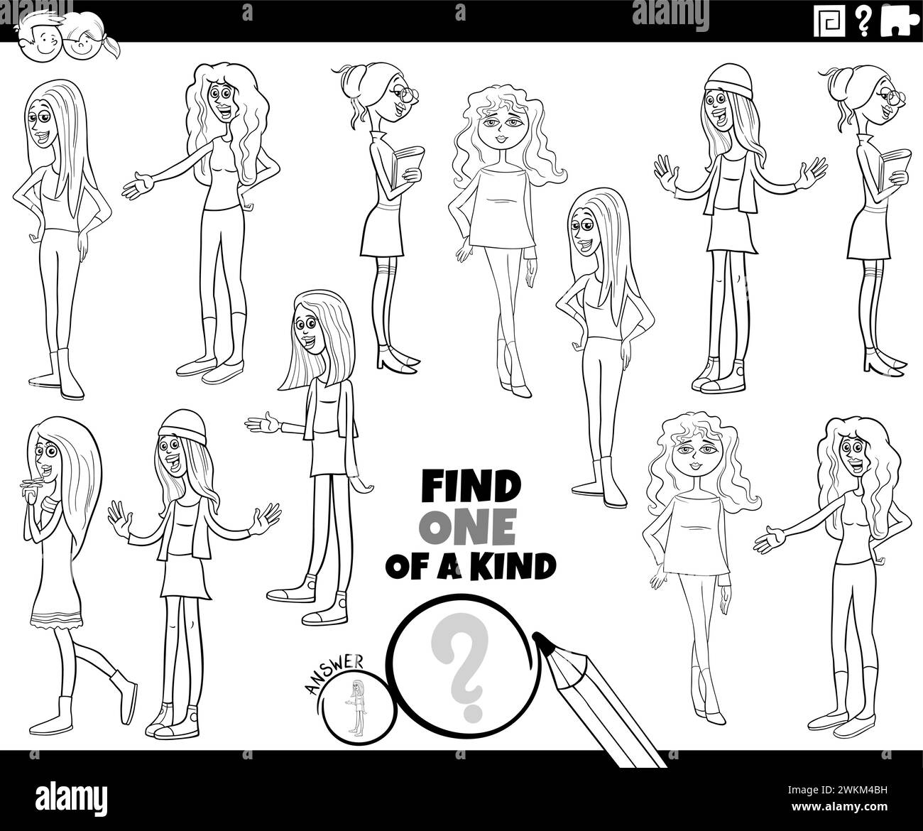 Illustrazione a cartoni animati di Find One of a kind picture Educational game con giovani donne personaggi che colorano pagina Illustrazione Vettoriale