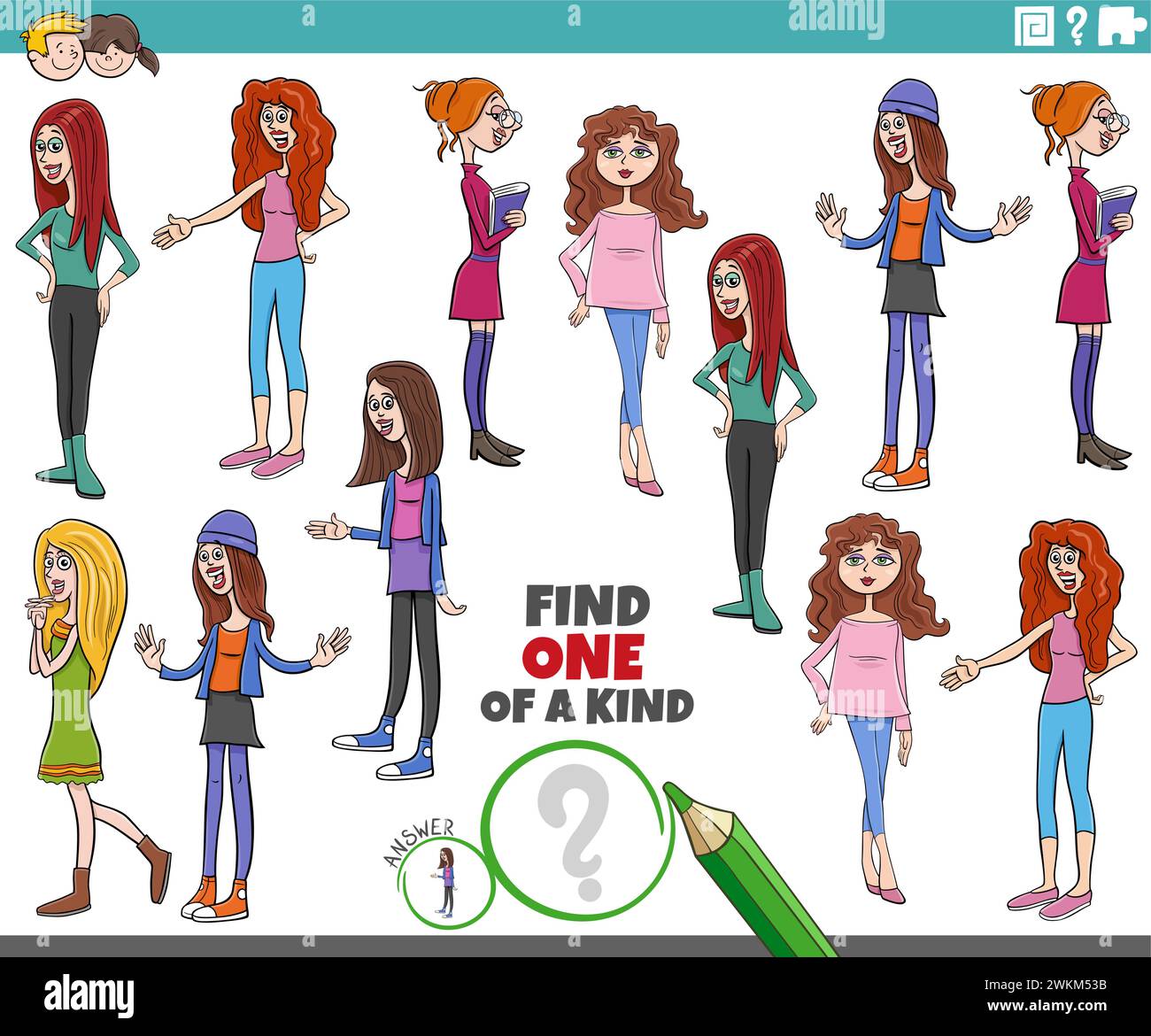 Illustrazione a cartoni animati di Find One of a kind picture Educational game con giovani personaggi femminili Illustrazione Vettoriale