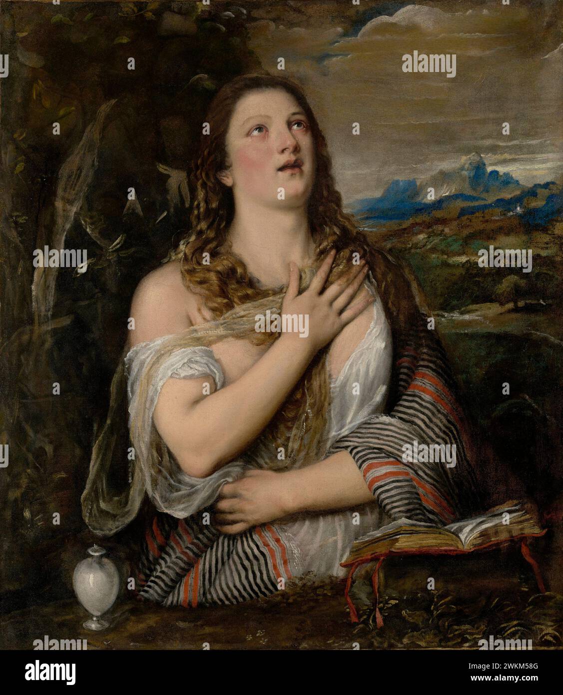 La Maddalena Penitente; Tiziano (Tiziano Vecellio) (italiano, circa 1487 - 1576); 1555 - 1565; olio su tela; 108,3 x 94,3 cm (42 5/8 x 37 1/8 pollici); 56.PA.1 Foto Stock