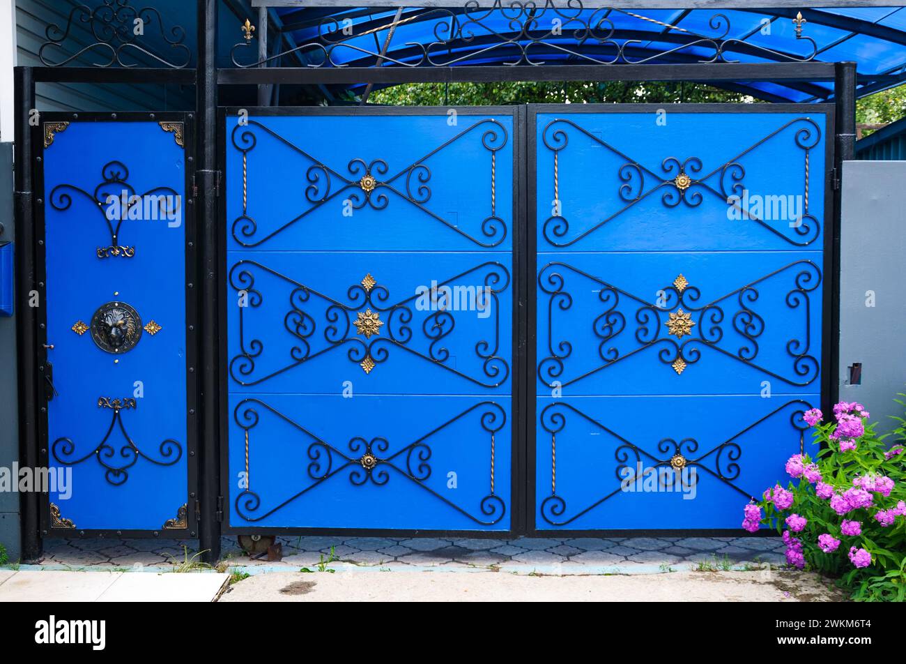 7 agosto 2021 Europa, Russia, regione di Tver. Cancelli in metallo blu con splendidi ornamenti. Cancelli in metallo blu con motivo forgiato oro di parti simmetriche. Foto Stock