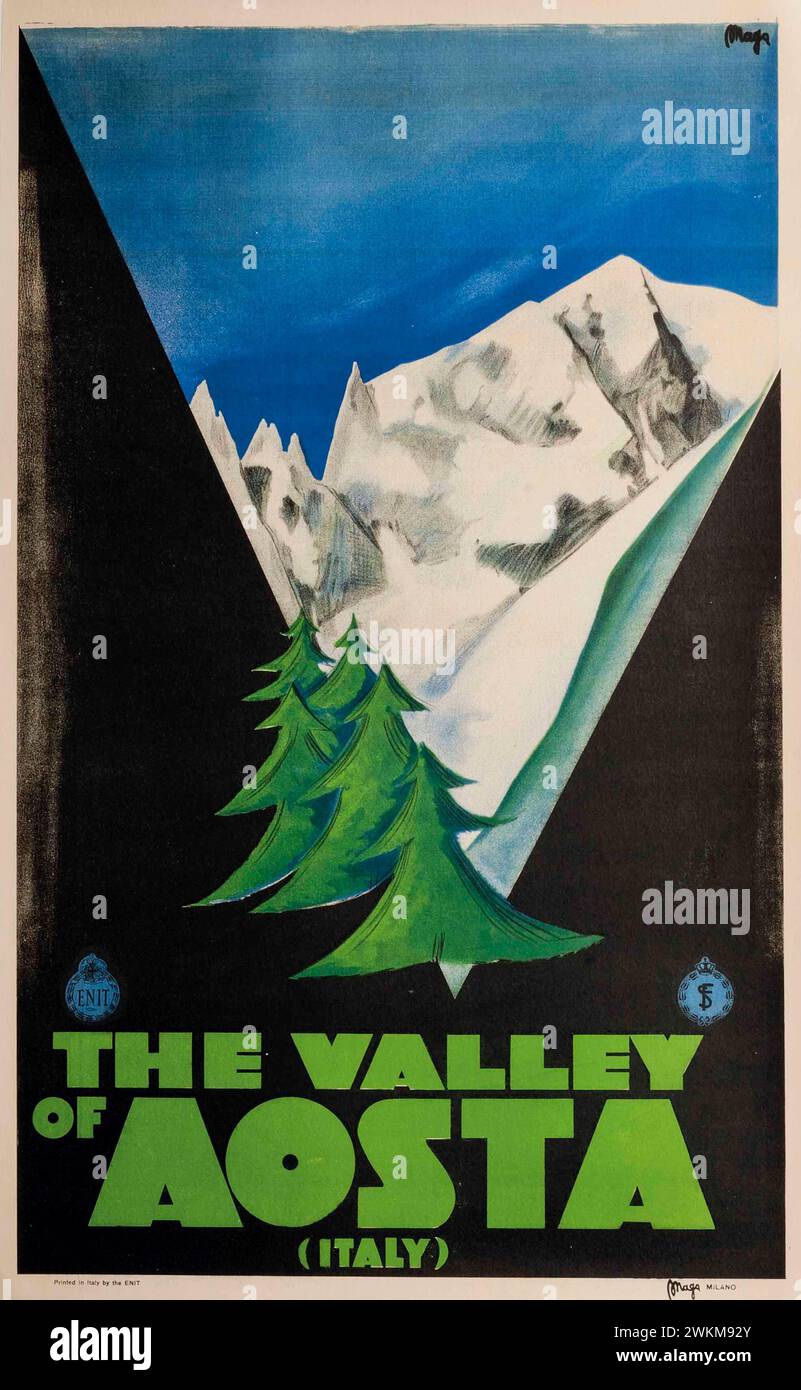 Poster da viaggio vintage per la Valle d'Aosta di Maga (Giuseppe Magagnoli) Foto Stock