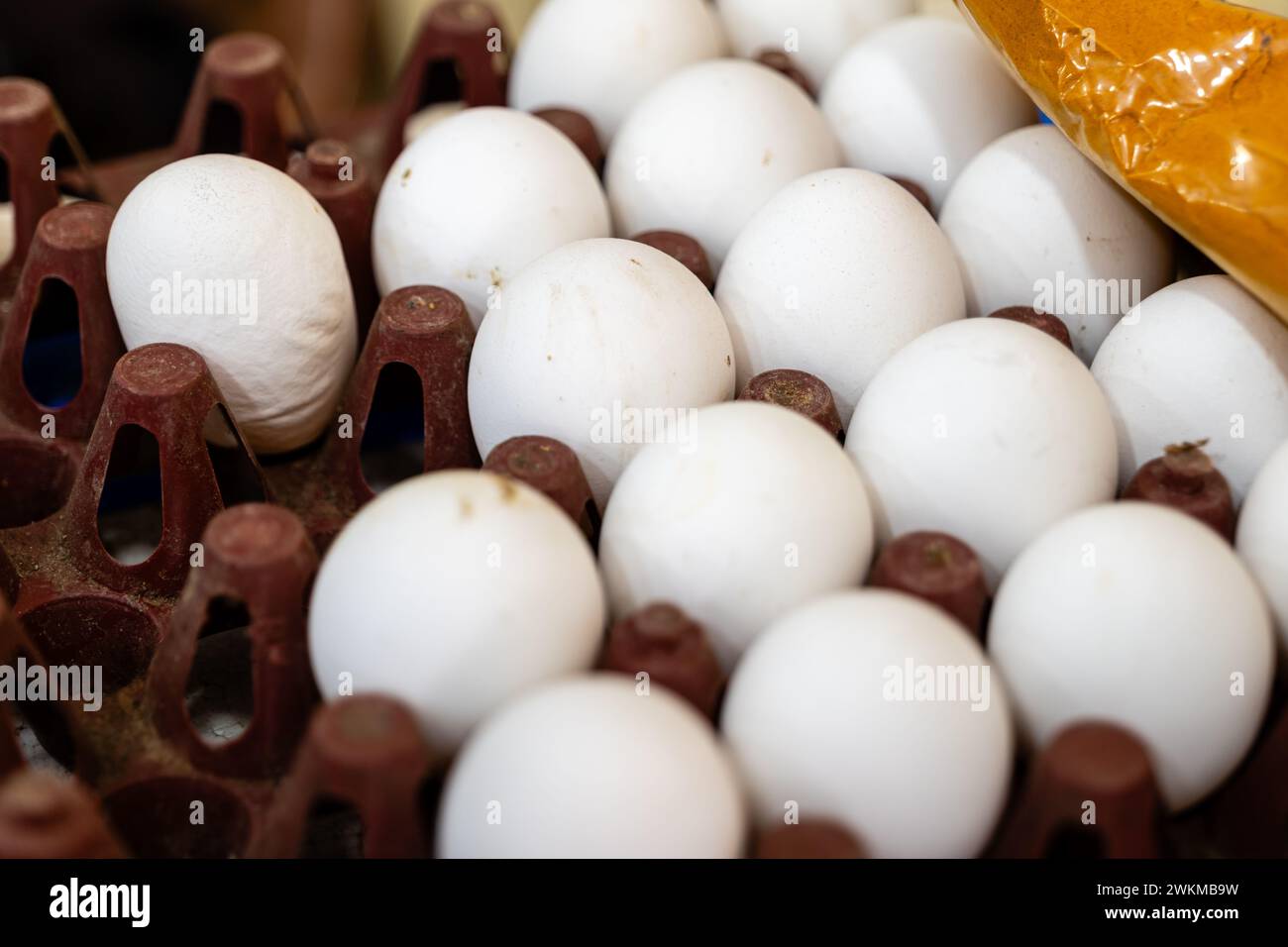 Racchiuso in un cartone riciclato, una dozzina di uova fresche riposano in un vivace bancone del mercato Foto Stock