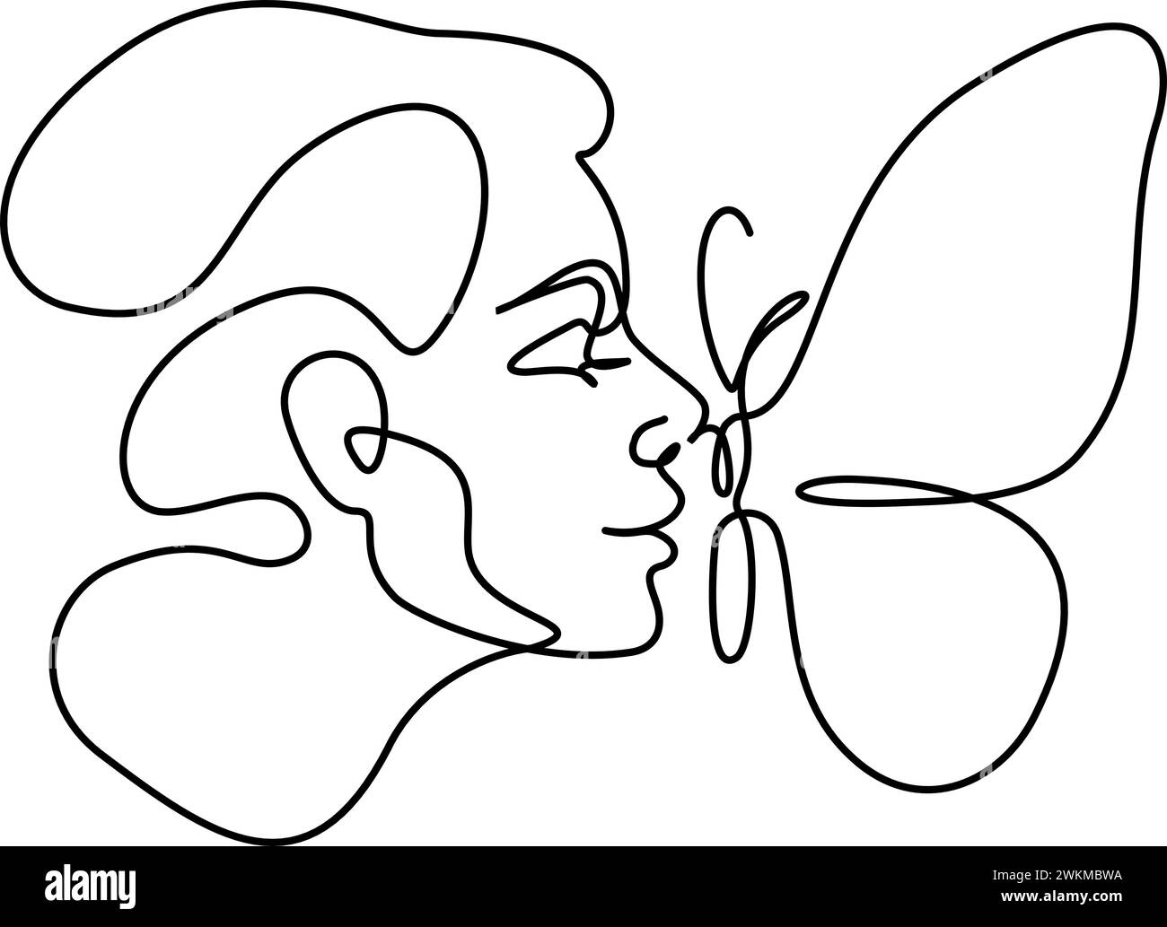 Donna astratta faccia con farfalla. Profilo disegnato a mano Illustrazione Vettoriale
