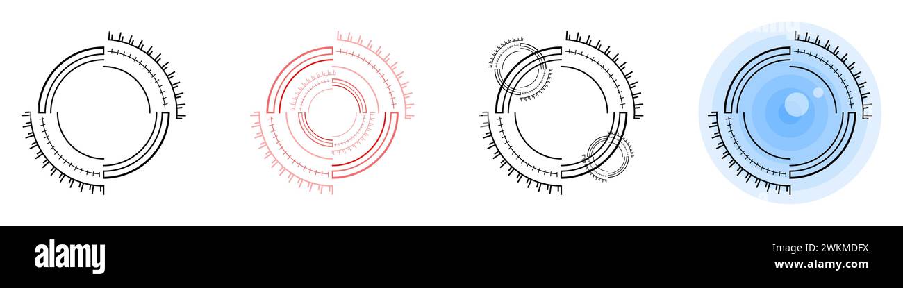 Icona vettoriale Cyber-eye. L'icona dell'occhio nei moderni circoli tecnici. Guarda il vettore del mirino. Quadranti circolari tecnologici con contaore. Illustrazione Vettoriale