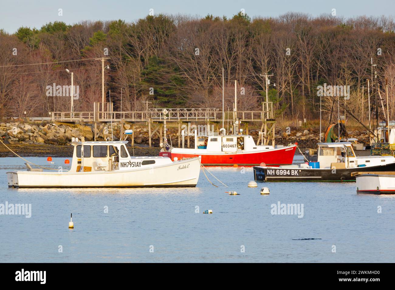 Barche ancorate a Rye Harbor a Rye, New Hampshire, la mattina presto. Foto Stock