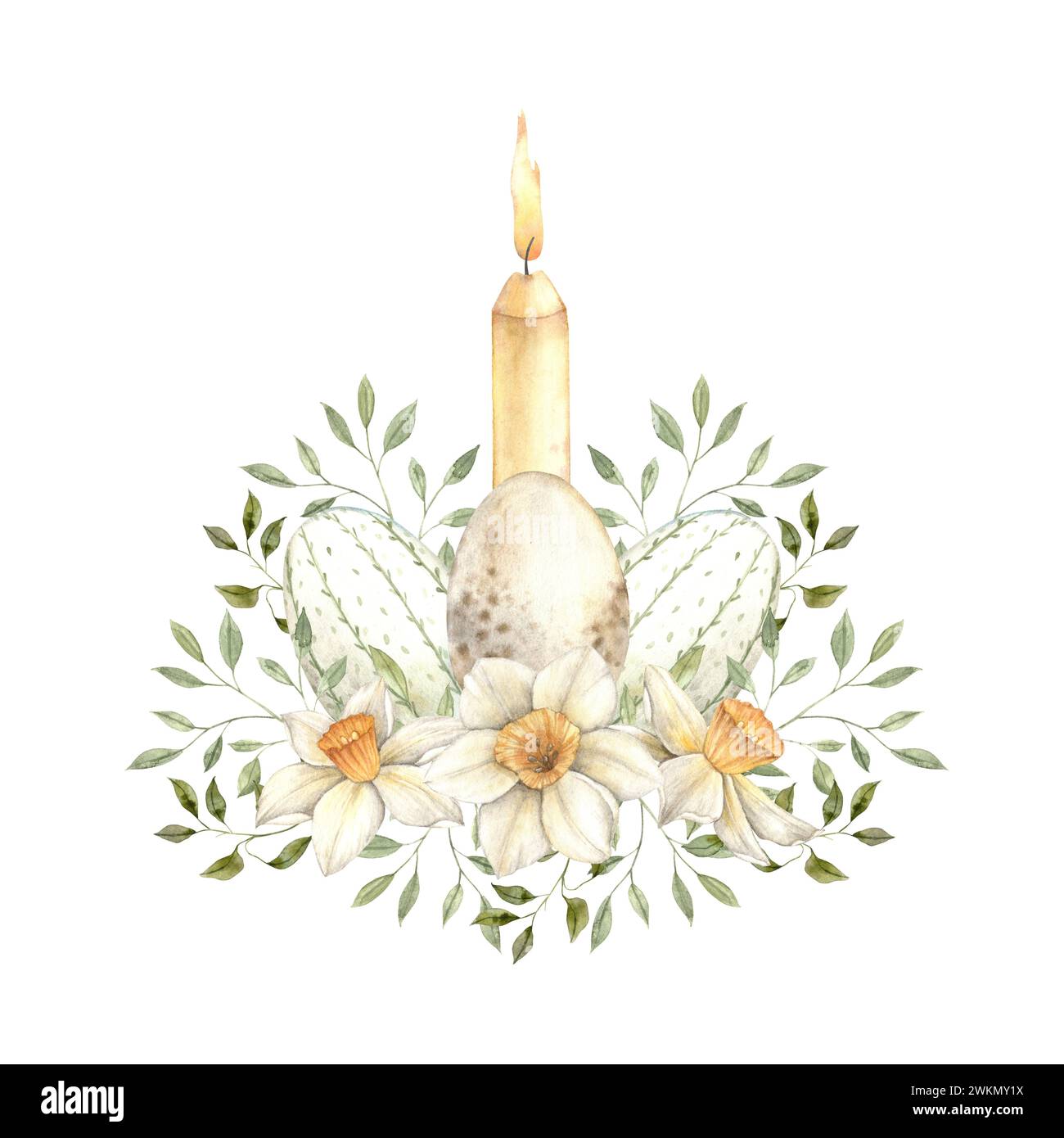 Acquerello composizione pasquale con candele accese, erbe, narcisi e uova. Disegno pasquale su sfondo isolato per biglietti d'auguri, inviti, h Foto Stock