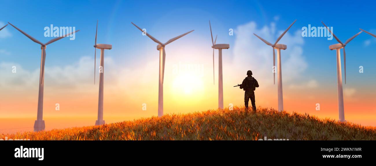 Guardiano dell'energia rinnovabile: Figura solitaria che si affaccia sulle turbine eoliche all'alba Foto Stock