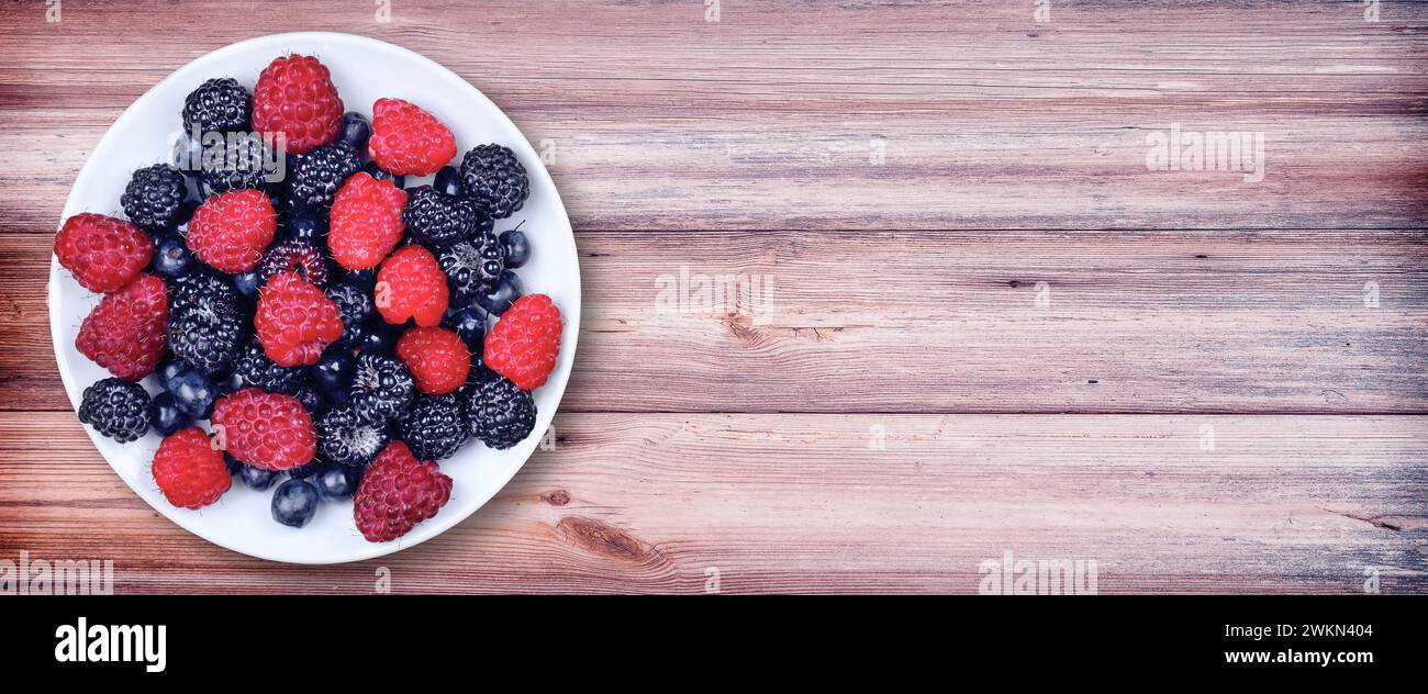 Bacche in una ciotola. A colazione e per dessert ci sono molti frutti di bosco. lampone, mora, mirtillo, fragola. Banner. Vista dall'alto. La piatta Foto Stock