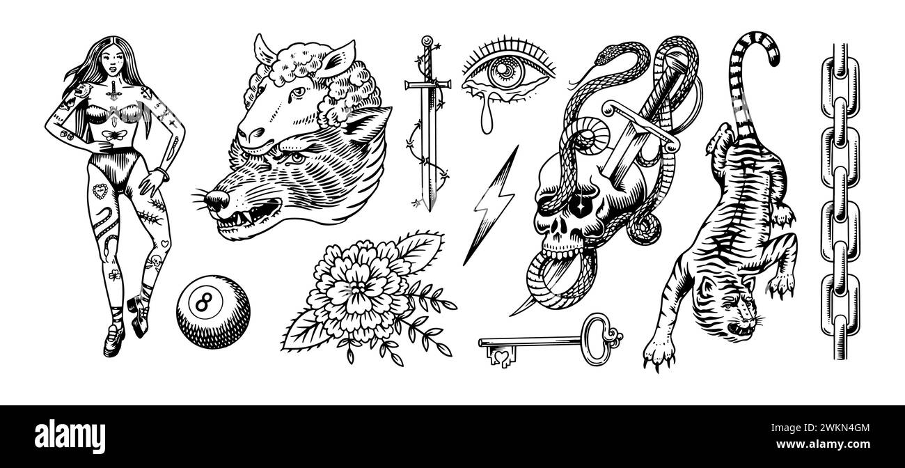 Set di adesivi per tatuaggi della vecchia scuola. Donna e lupo in abiti da pecora. Tigre e catena, spada e serpente nel cranio. Retrò vintage disegnato a mano con incisioni Illustrazione Vettoriale