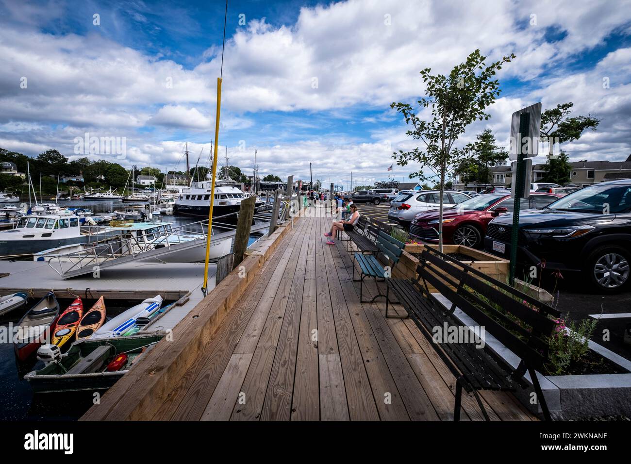 Vista del porto di Camden con barche a vela in estate, Maine, Stati Uniti Foto Stock