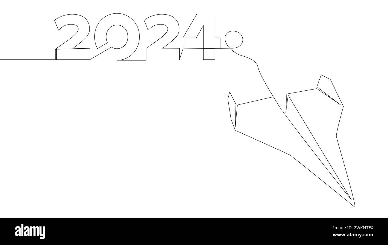 Una linea continua di aerei cartacei con il numero 2024. Concetto del vettore dell'illustrazione a linee sottili. Idee creative per il disegno dei contorni. Illustrazione Vettoriale