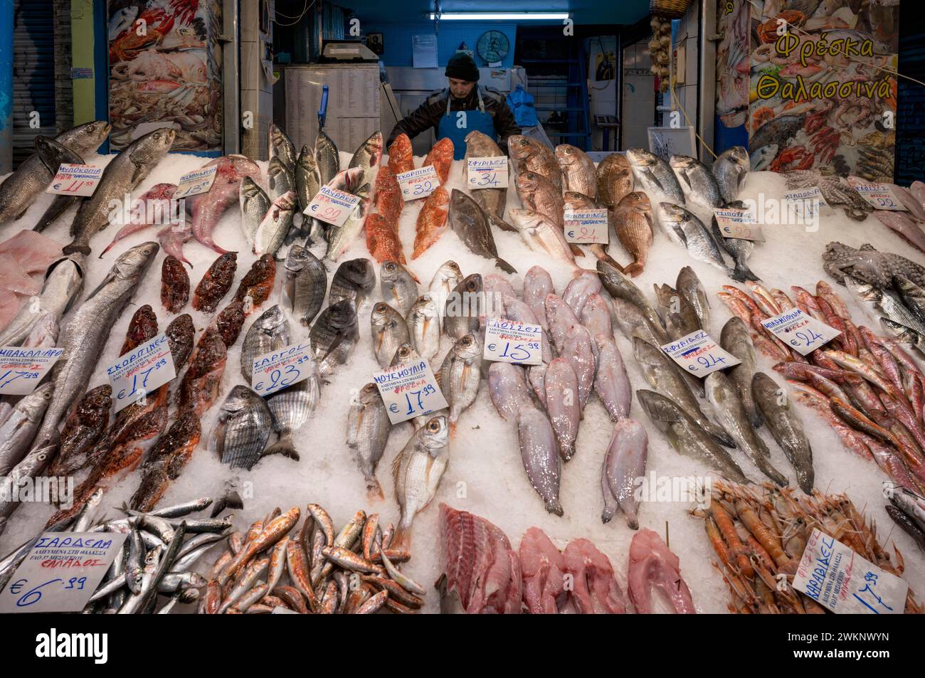 Commerciante, pescivendolo che lavora nel suo banco di vendita, esposizione di pesce fresco e frutti di mare sul ghiaccio, cibo, mercato Kapani, Vlali, Salonicco, Macedonia, Grecia Foto Stock