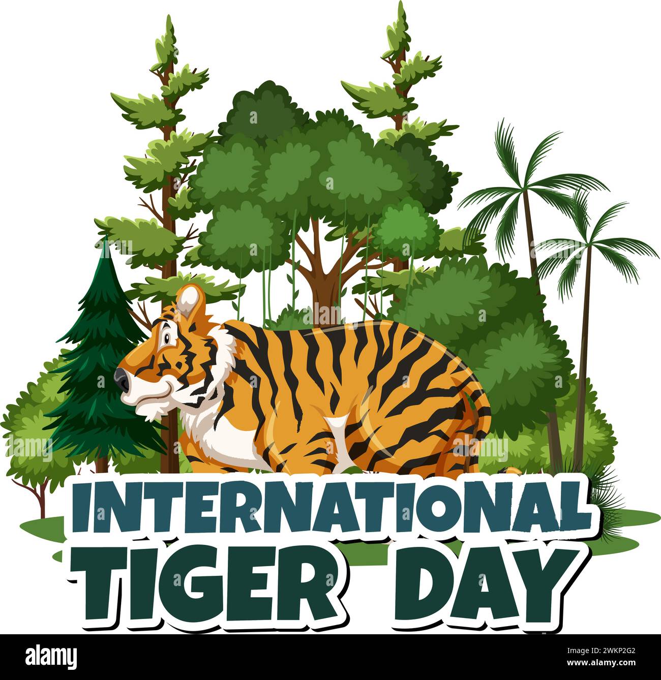Illustrazione di una tigre in una lussureggiante foresta verde Illustrazione Vettoriale