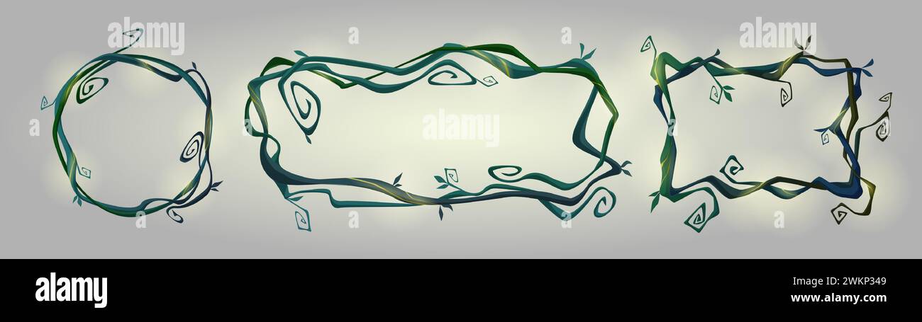 Frame Liana impostati isolati sullo sfondo. Illustrazione vettoriale di bordi rotondi, quadrati, rettangolari, rami di alberi della giungla curvati, decorazione tropicale edera con foglie verdi, design dell'interfaccia utente di gioco Illustrazione Vettoriale