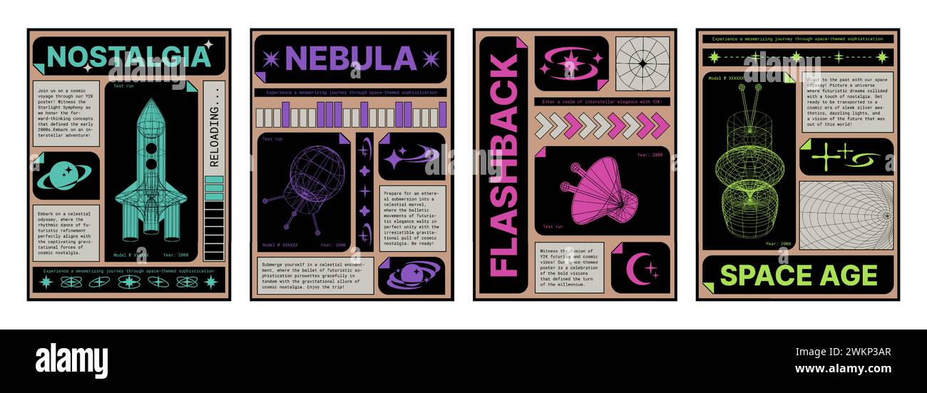 Set di poster dall'estetica futuristica retrò. Illustrazione vettoriale di banner in stile retroWave con razzo spaziale wireframe, satellite, radar, icone pianeta globo su sfondo nero, modelli volantini per vibrazione y2k Illustrazione Vettoriale