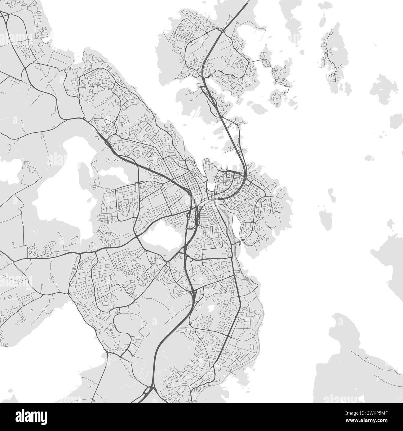 Mappa di Stavanger, Norvegia. Mappa della città a colori in scala di grigi, mappa vettoriale con strade e fiumi. Illustrazione Vettoriale