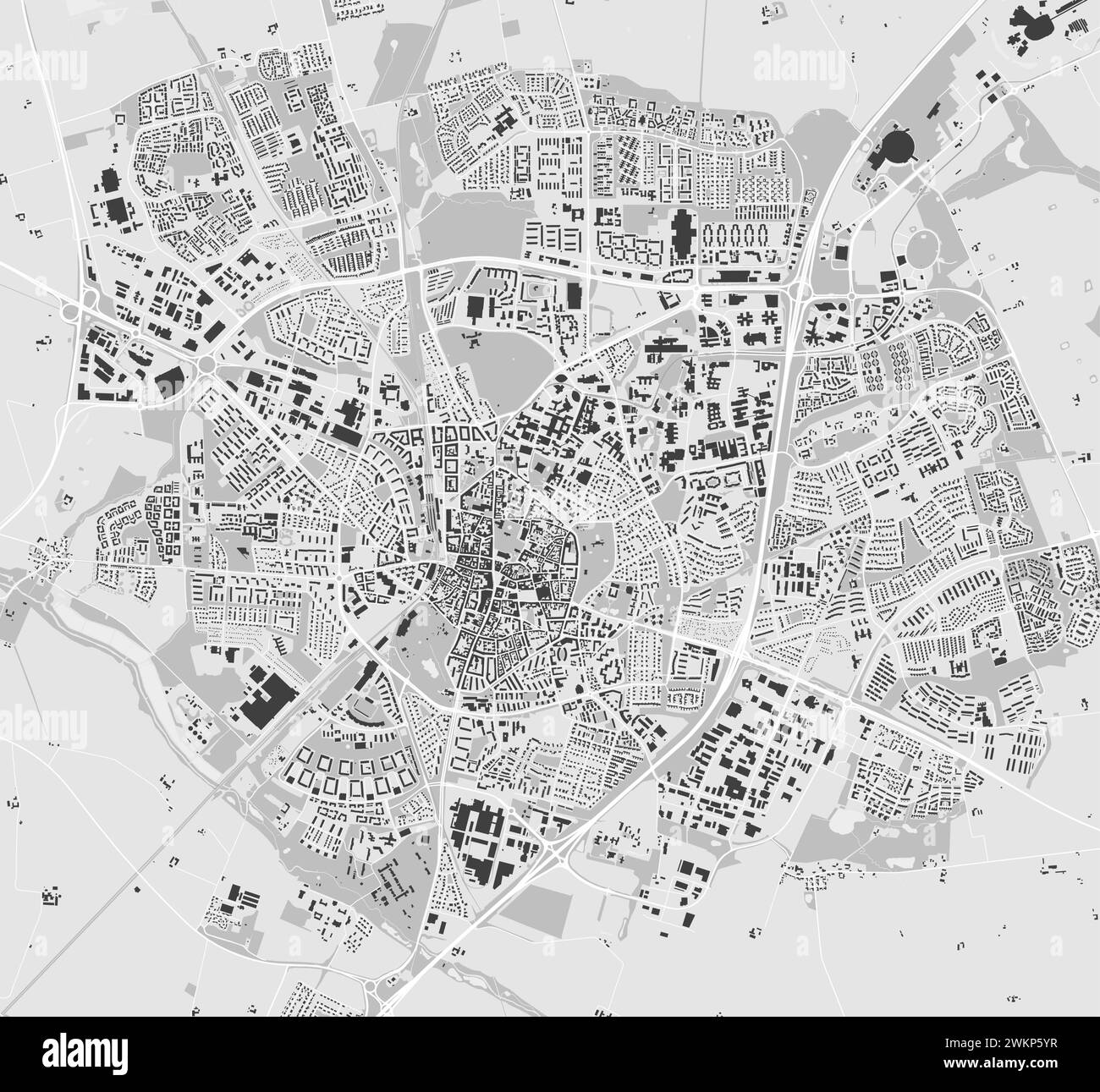 Mappa di Lund, Svezia. Mappa della città a colori in scala di grigi, mappa vettoriale con strade e fiumi. Illustrazione Vettoriale