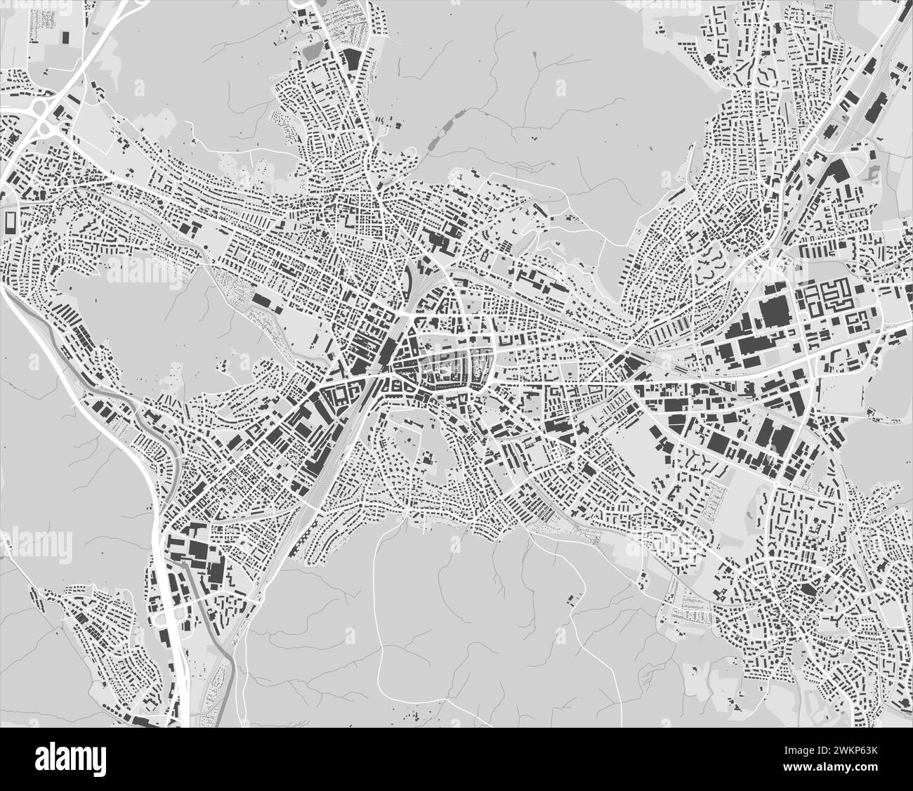 Mappa di Winterthur, Svizzera. Mappa della città a colori in scala di grigi, mappa vettoriale con strade e fiumi. Illustrazione Vettoriale