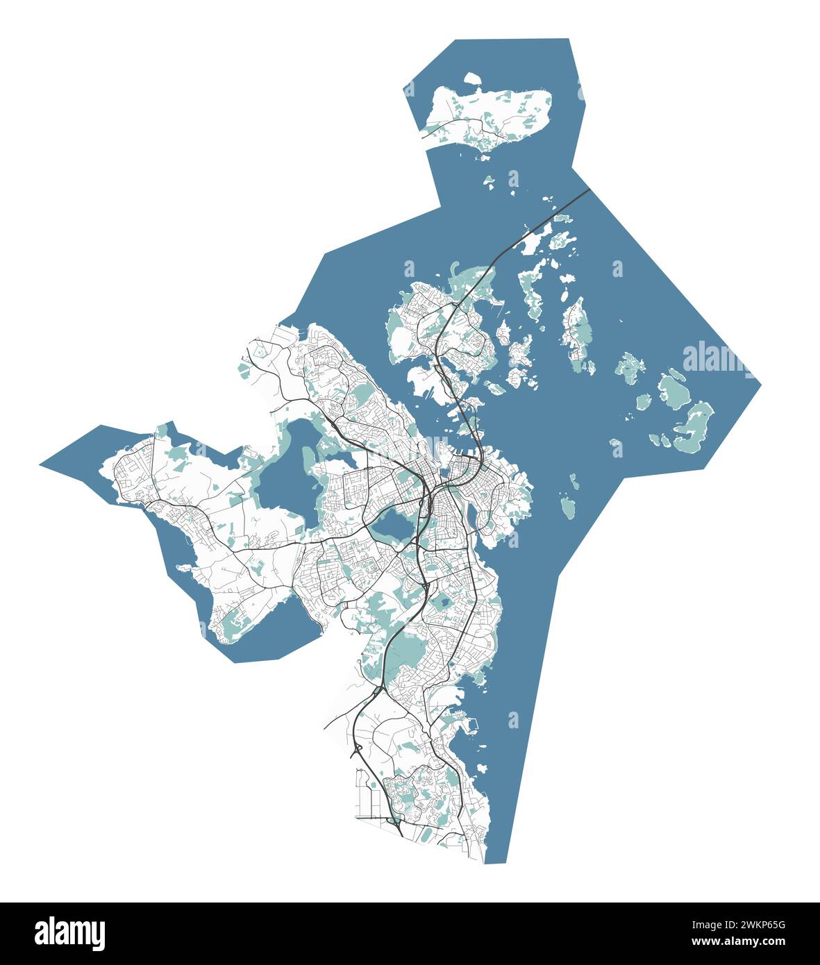 Mappa di Stavanger, Norvegia. Mappa vettoriale dettagliata della città, area metropolitana con confine. Mappa stradale con strade e acqua. Illustrazione Vettoriale