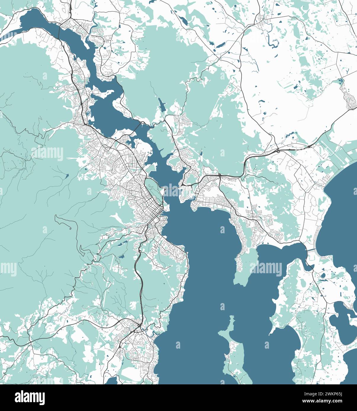 Mappa di Hobart, Australia. Mappa vettoriale dettagliata della città, area metropolitana. Mappa stradale con strade e acqua. Illustrazione Vettoriale