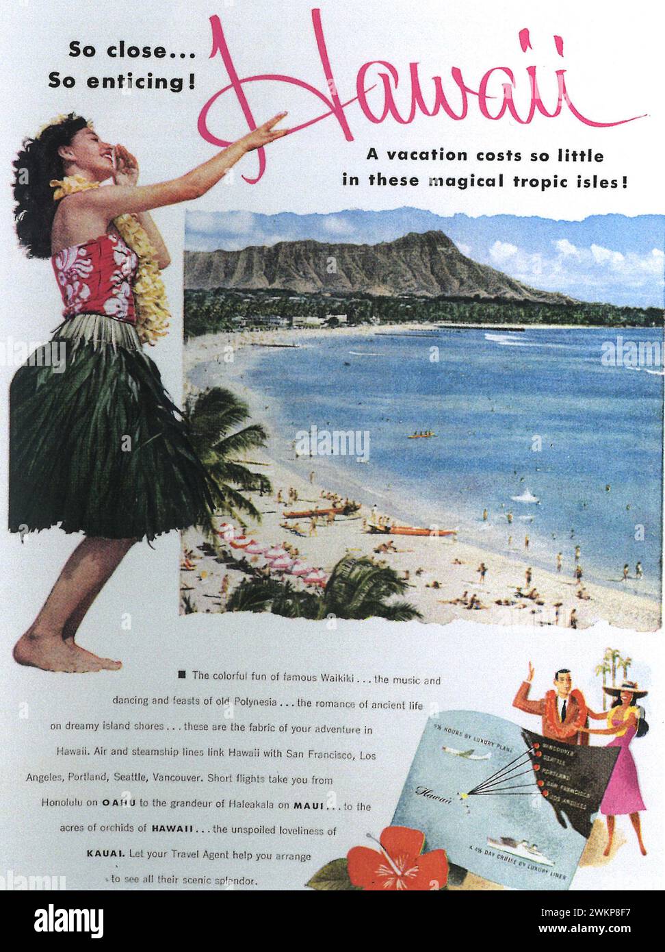1950 pubblicità stampata dell'ufficio visitatori delle Hawaii Foto Stock