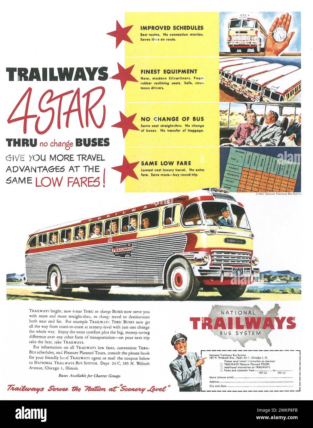 1950 annunci a mezzo stampa Trailways Foto Stock