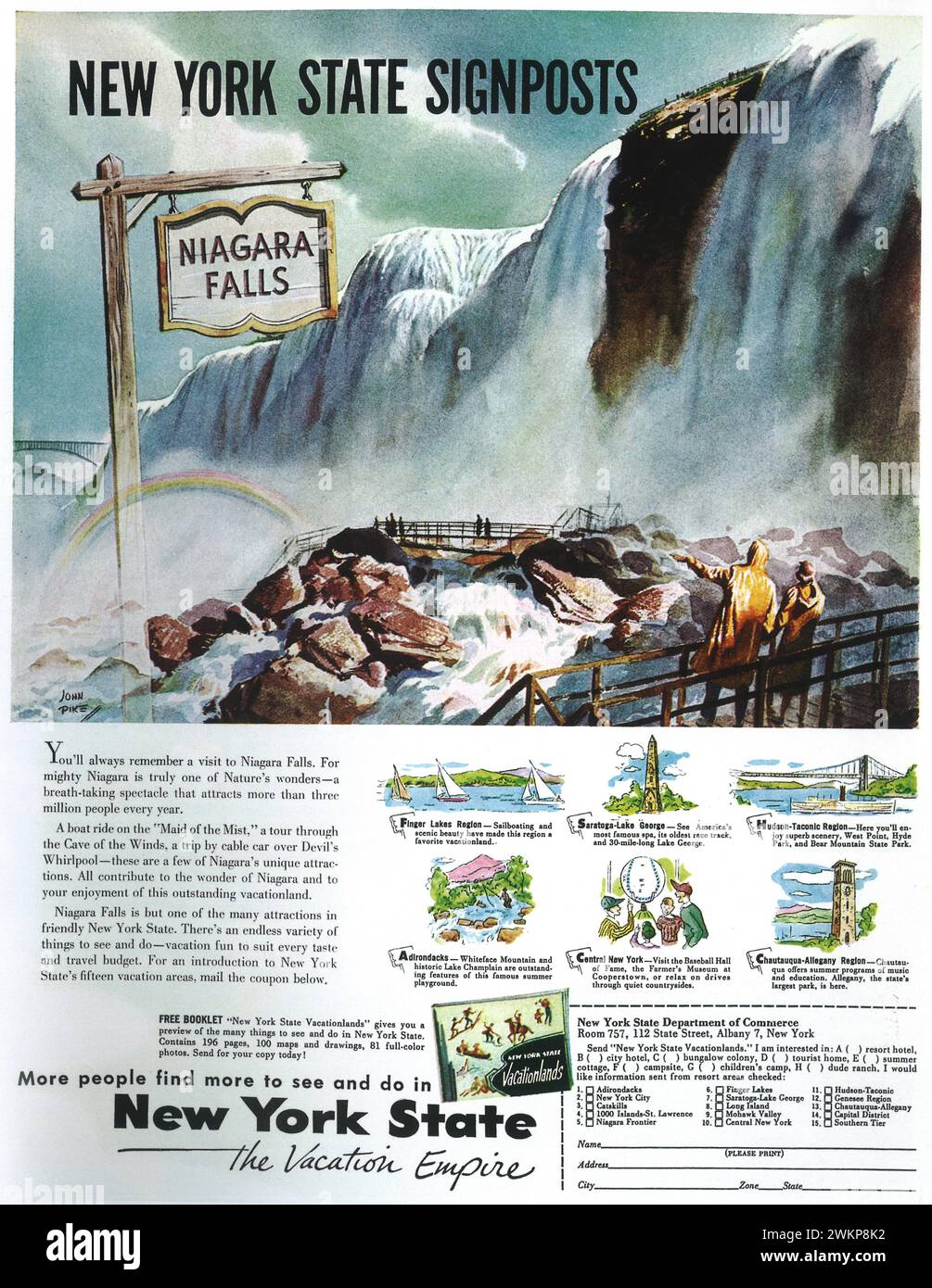 1953 indicazioni per lo stato di New York Niagara Falls Travel Print ad Foto Stock