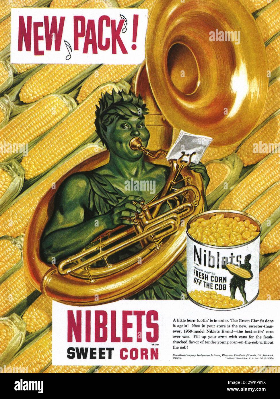 1950 pubblicità stampata di mais dolce in scatola Niblets. Il Gigante Verde Foto Stock