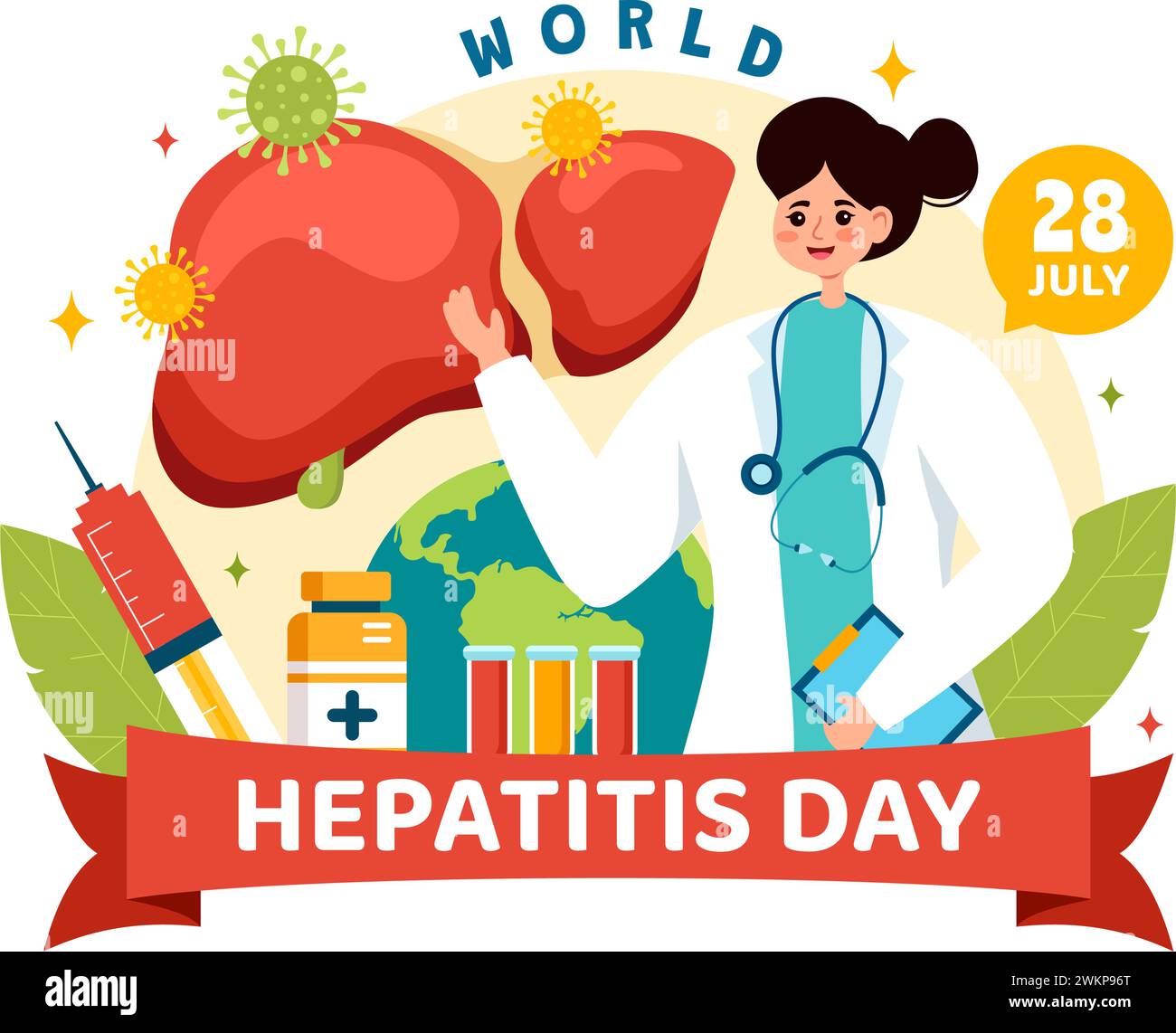 World Hepatitis Day Vector Illustration on 28 July of Patient malato fegato, cancro e cirrosi in Healthcare Flat Cartoon background Design Illustrazione Vettoriale