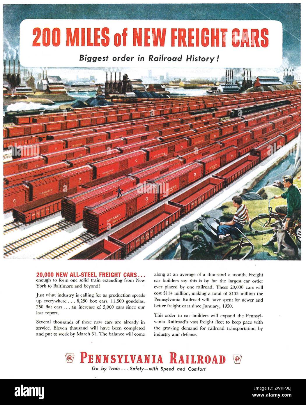 Annuncio pubblicitario a stampa sulla ferrovia della Pennsylvania del 1950. '200 miglia di auto merci nuove.' Foto Stock