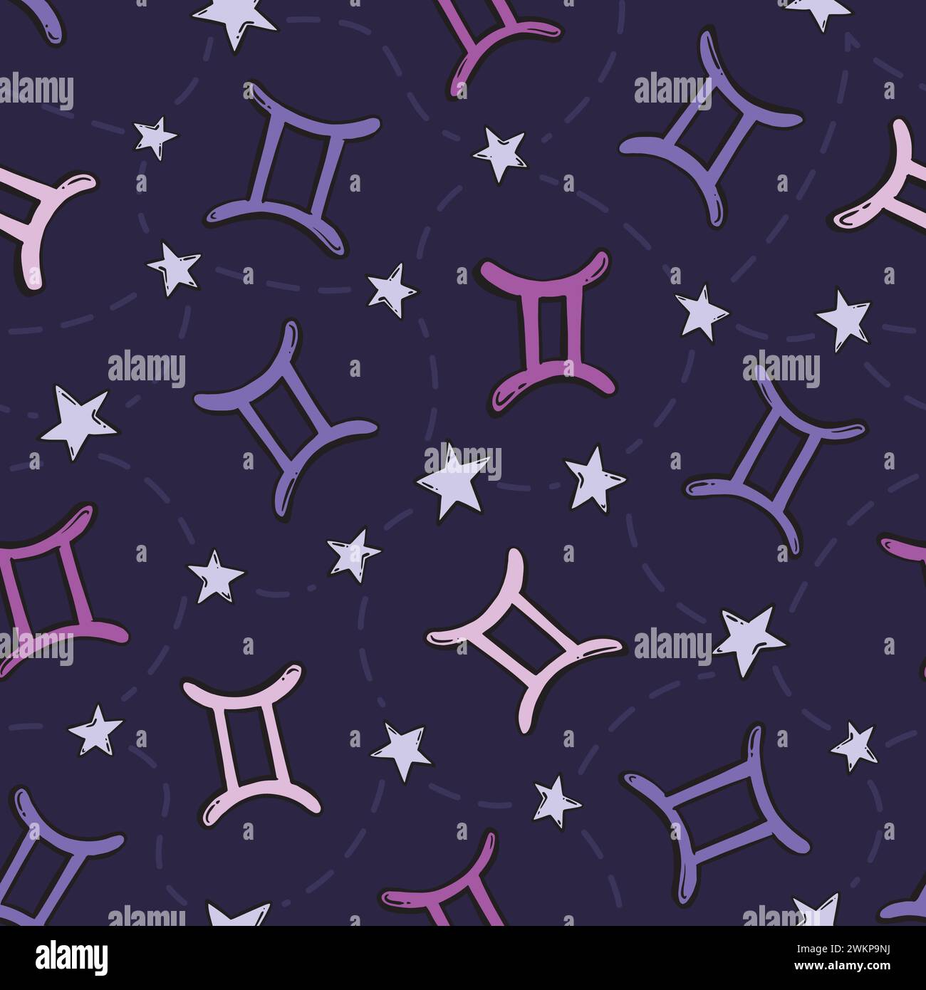 Gemini segno zodiaco doodle motivo senza cuciture. Illustrazione dello schema di ripetizione vettoriale. Illustrazione Vettoriale