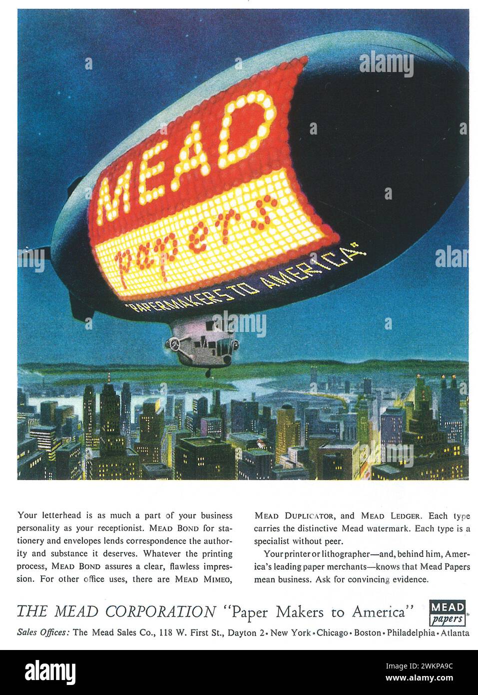 1953 Mead Papers Corp. Stampa ad blimp, dirigibile, zeppelin, produttori di carta Foto Stock