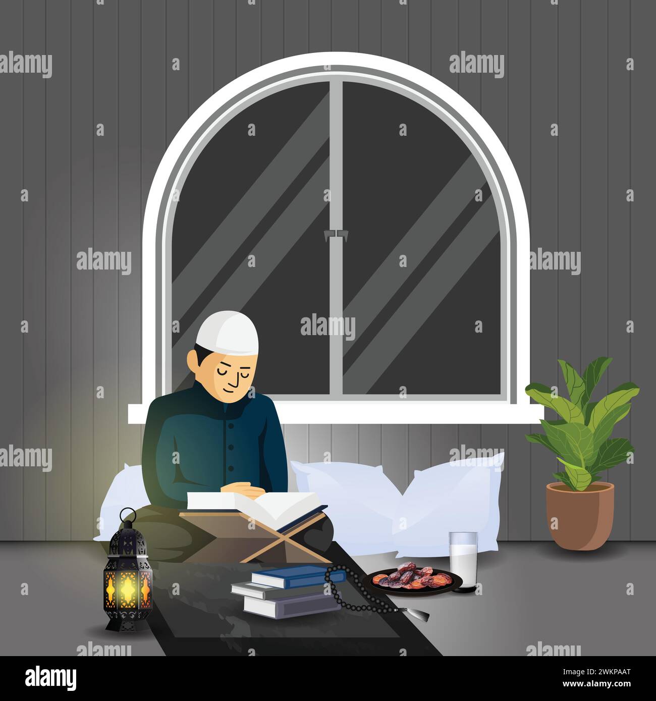 L'uomo legge il Corano durante il Ramadan, il mese sacro dell'Islam. Illustrazione vettoriale. Illustrazione Vettoriale